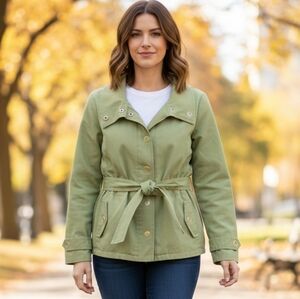 Liz & Co 100% Cotton Green Full Zip Belted Women's Spring Jacket Size L